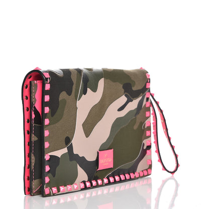 Valentino Garavani Nappa Canvas Camouflage Rockstud Wristlet Clutch Fuxia Fluo 3 of 7