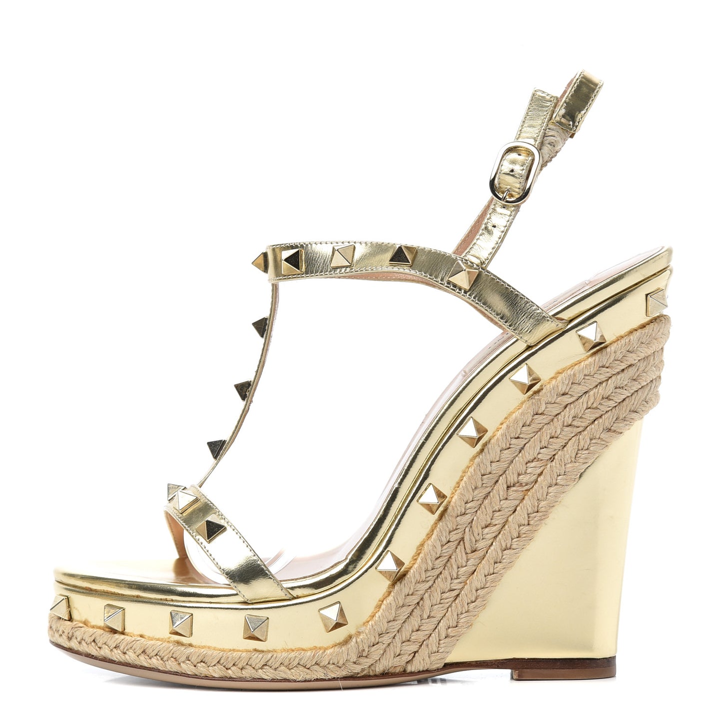 Metallic Calfskin Raffia Rockstud T-Strap Slingback Espadrille Wedge Sandals 39 Gold