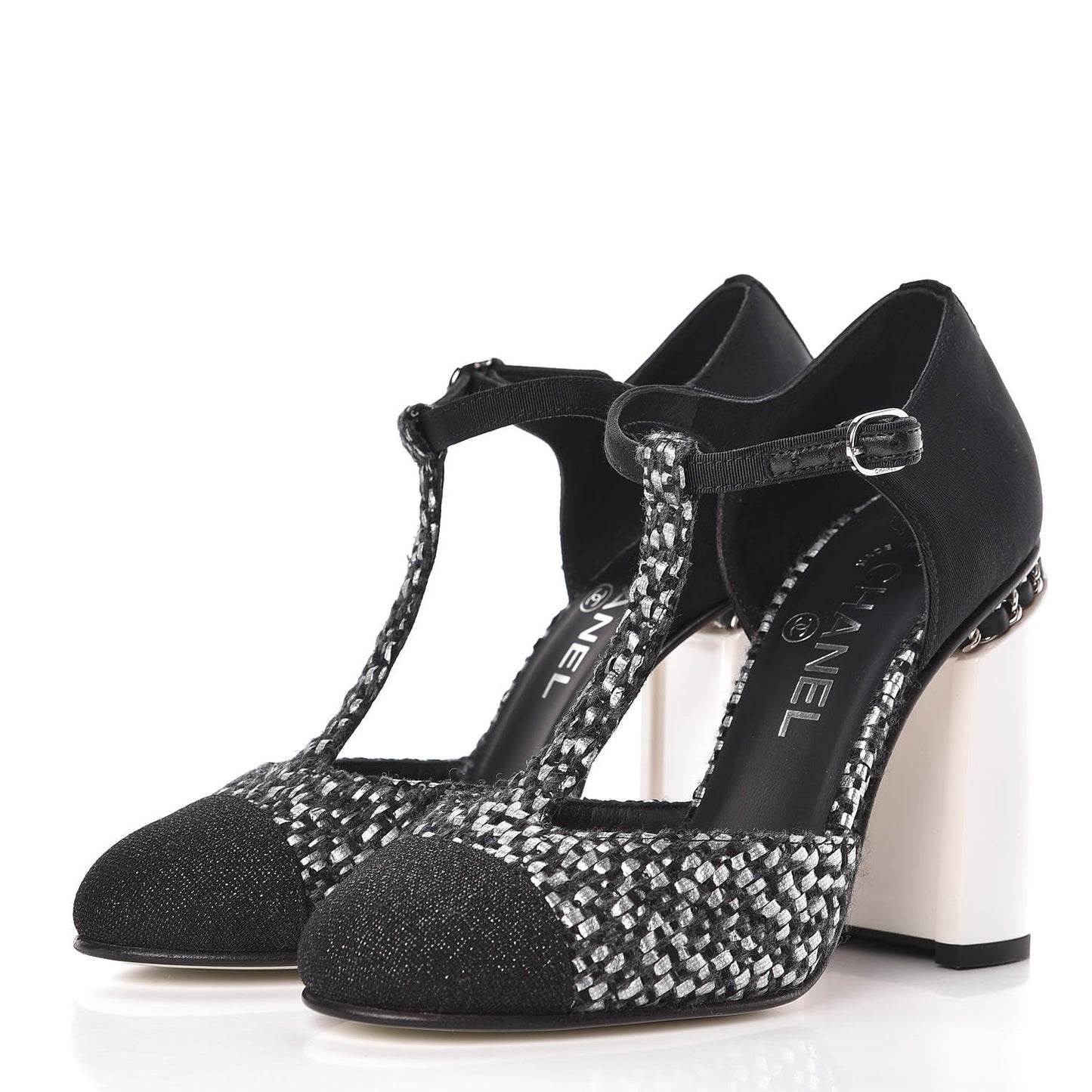 Tweed Grosgrain Chain T-Strap Pumps 38.5 Black Silver