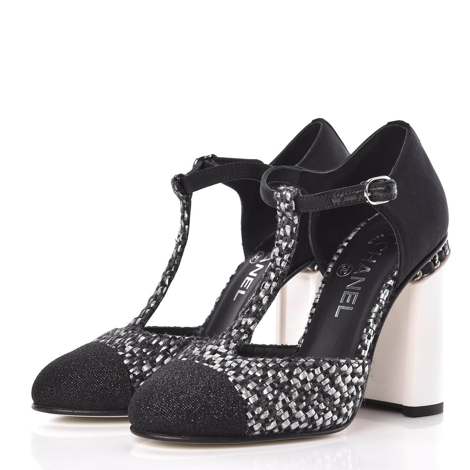 Chanel Tweed Grosgrain Chain T-Strap Pumps 38.5 Black Silver 3 of 9