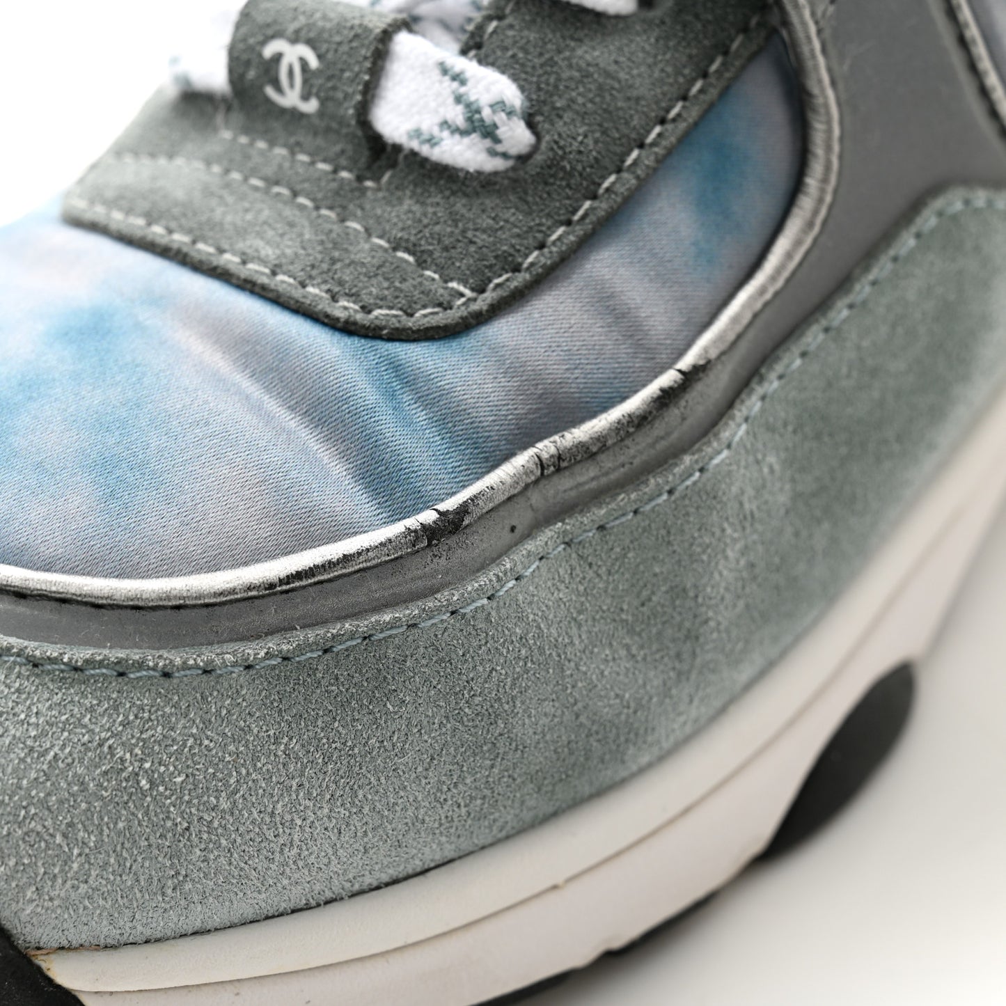 Nylon Lambskin Suede Calfskin CC Sneakers 39 Blue Grey White
