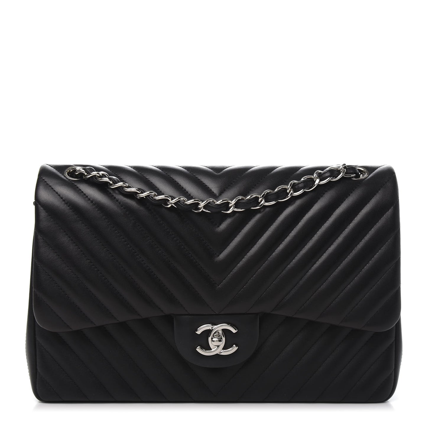 Lambskin Chevron Quilted Jumbo Double Flap Black