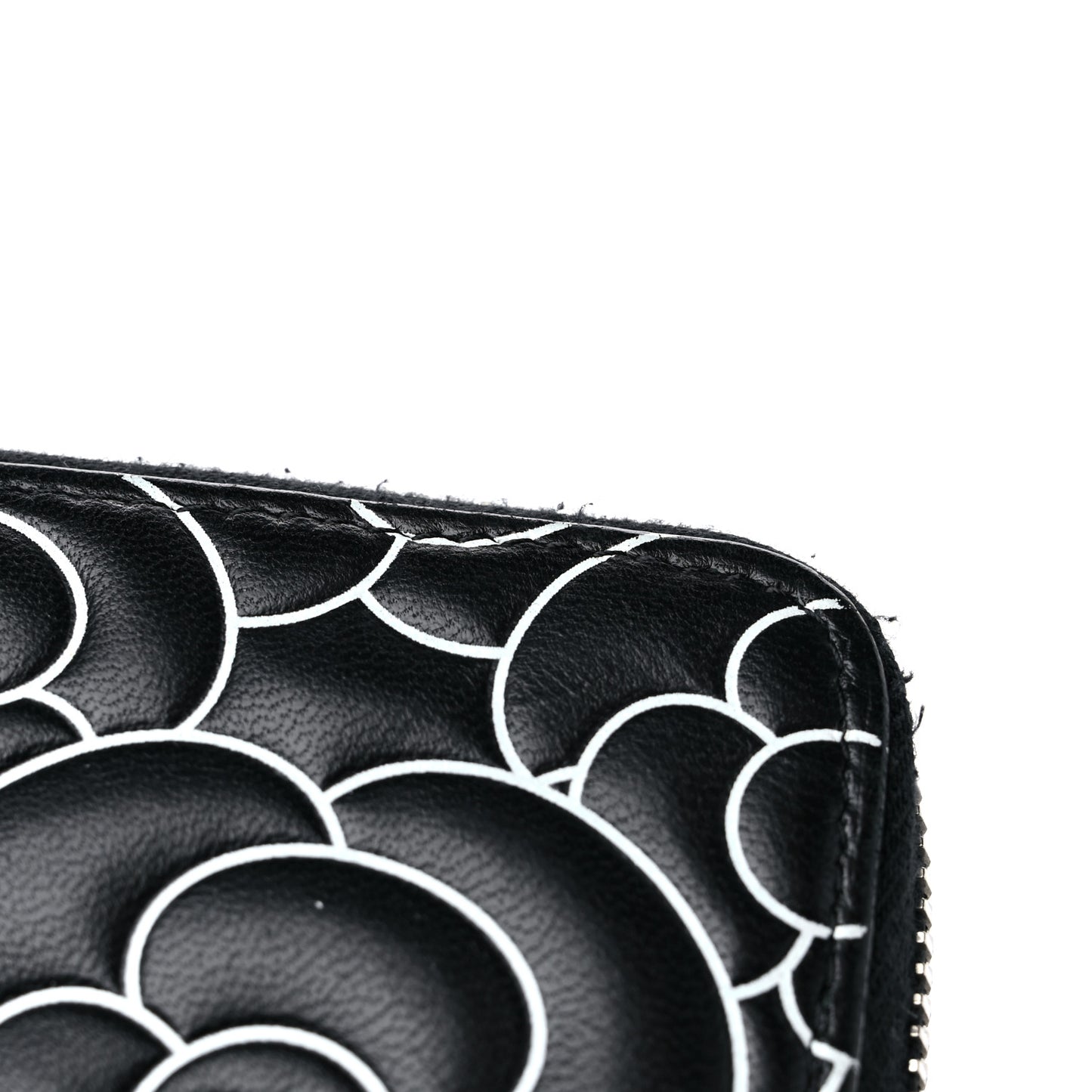 Lambskin Camellia Embossed Large Zip Around Gusset Wallet Black White