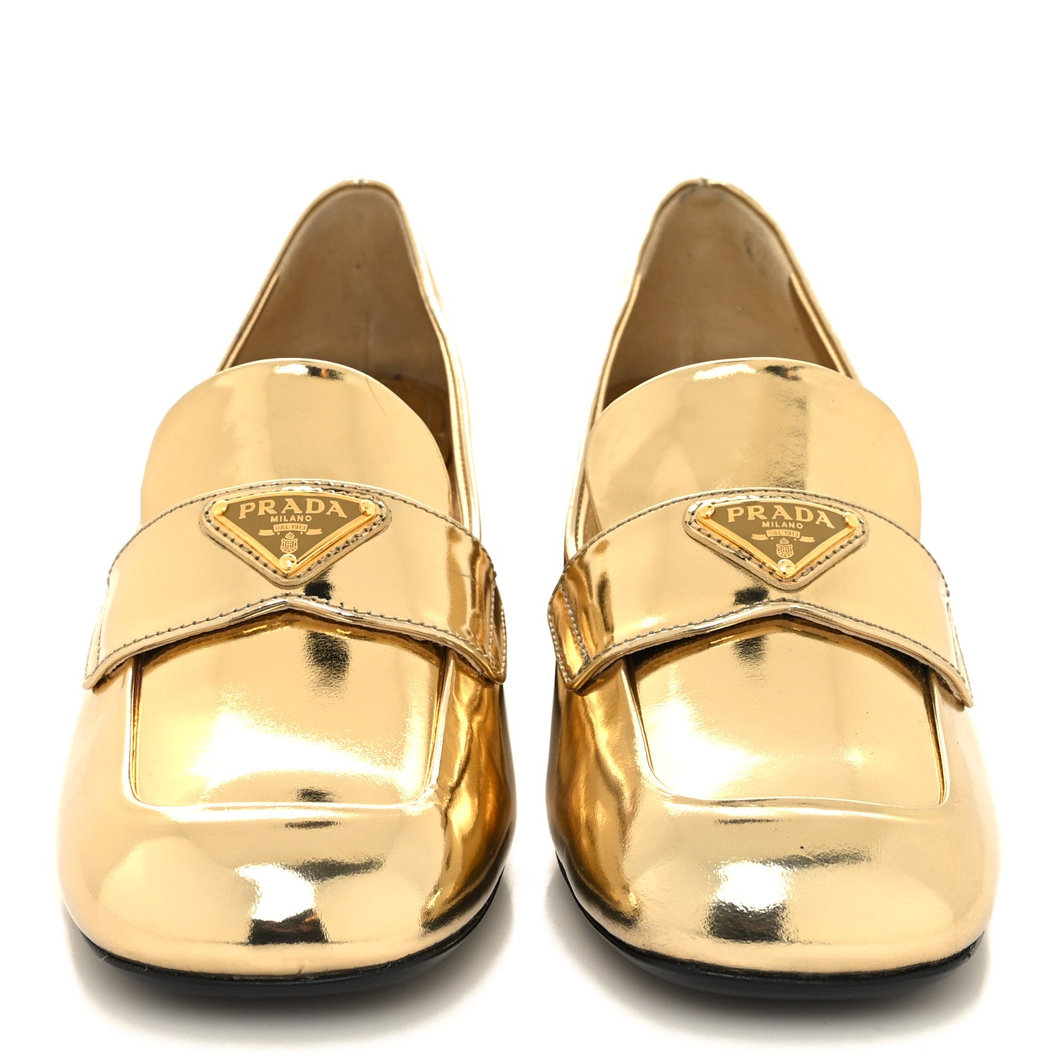 Prada Metallic Patent Metal Triangle Logo 45mm Loafer Pumps 36 Platino 2 of 10