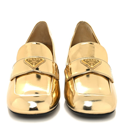 Prada Metallic Patent Metal Triangle Logo 45mm Loafer Pumps 36 Platino 2 of 10
