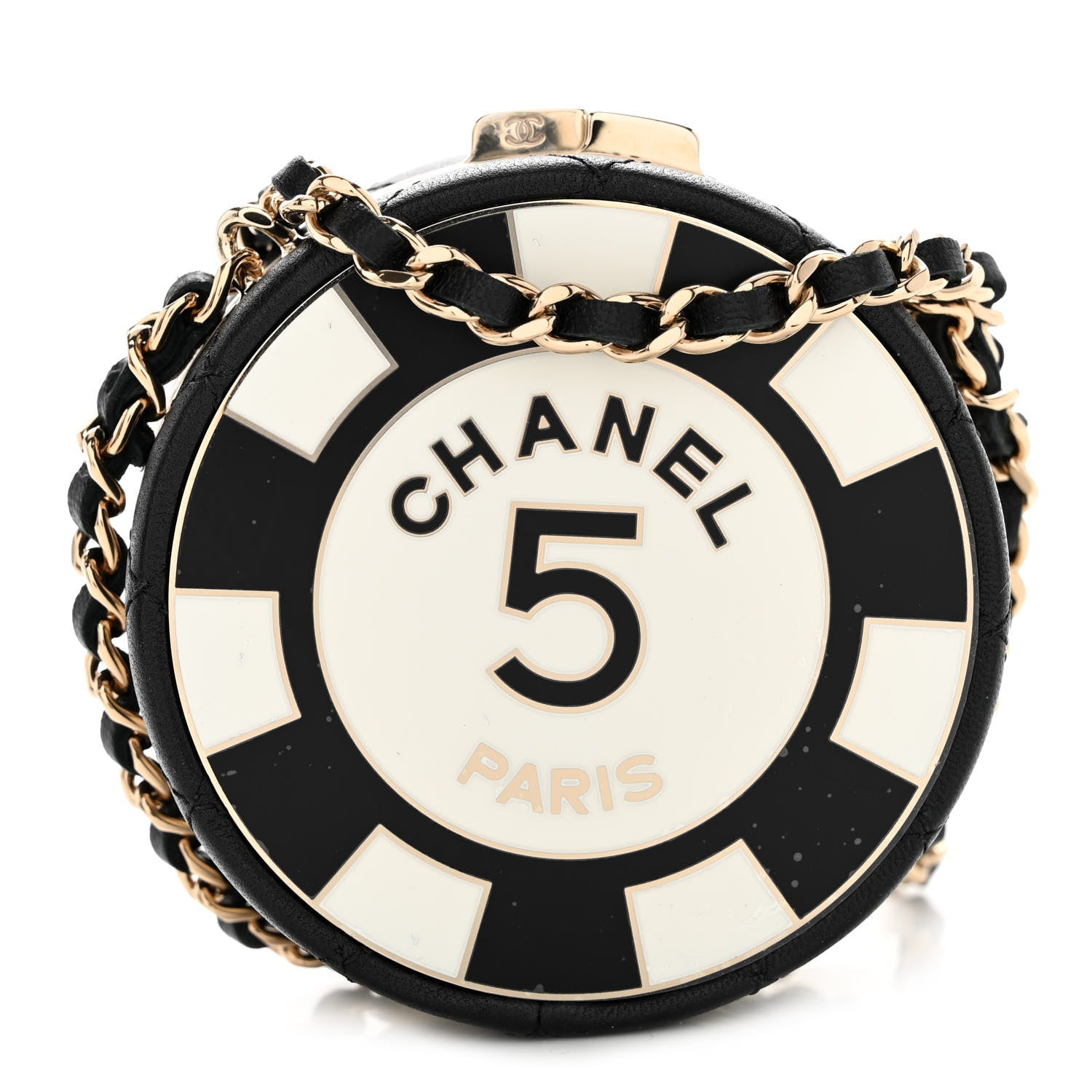 Chanel Lambskin Enamel Quilted Round Poker Chip Clutch With Chain Black White 1 of 10
