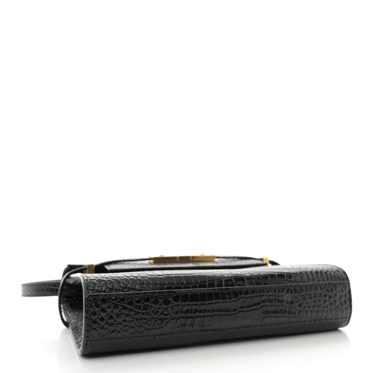 Shiny Calfskin Crocodile Embossed Small Manhattan Baguette Black