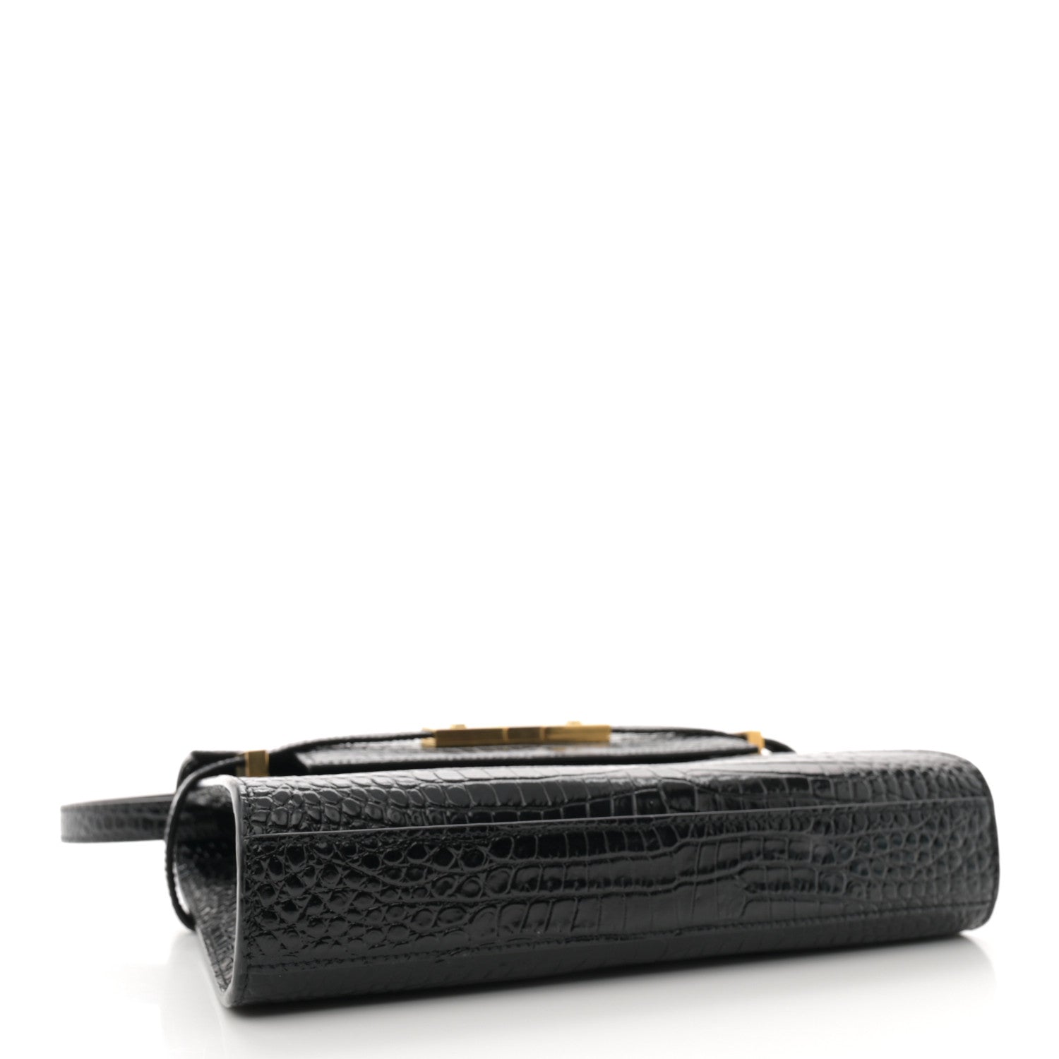 Saint Laurent Shiny Calfskin Crocodile Embossed Small Manhattan Baguette Black 4 of 11