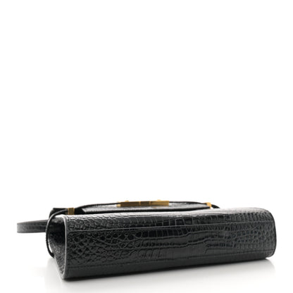 Saint Laurent Shiny Calfskin Crocodile Embossed Small Manhattan Baguette Black 4 of 11