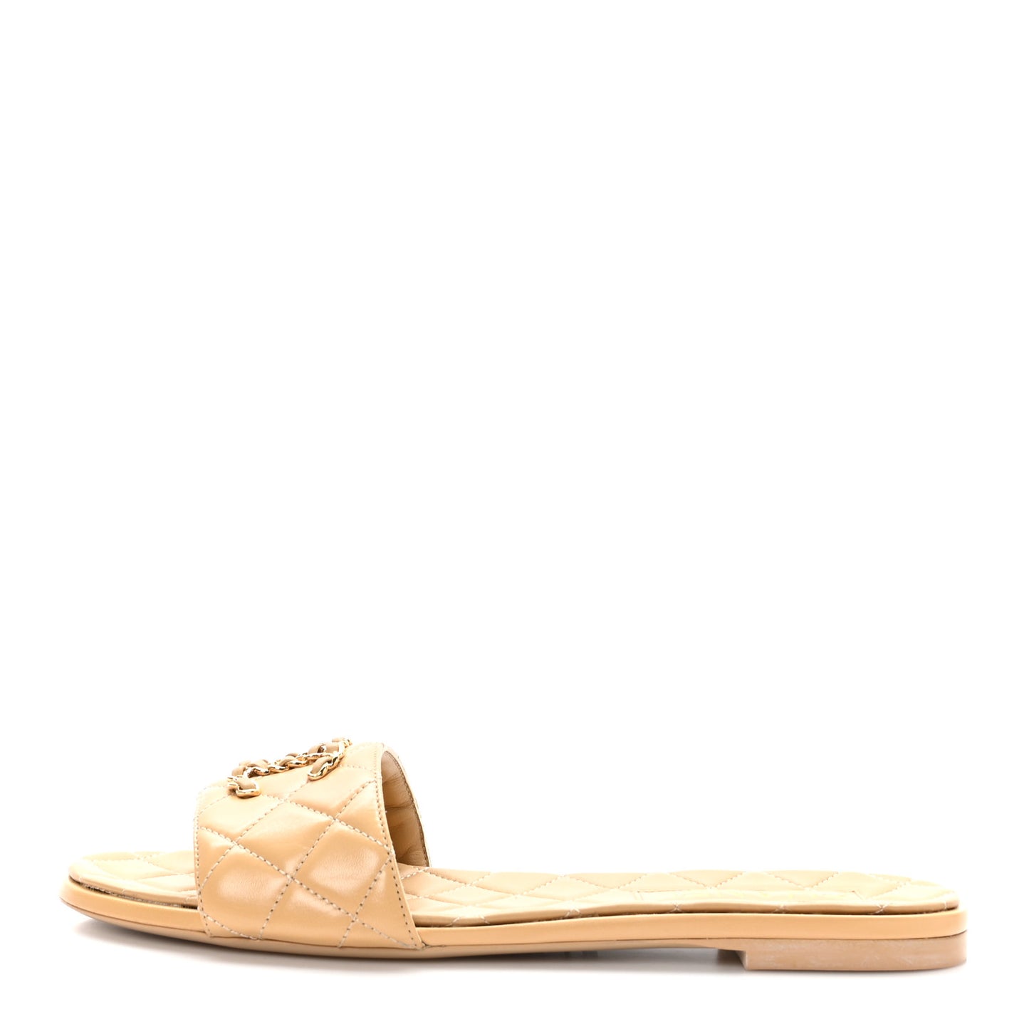 Shiny Goatskin CC Chain Mule Sandals 39 Beige