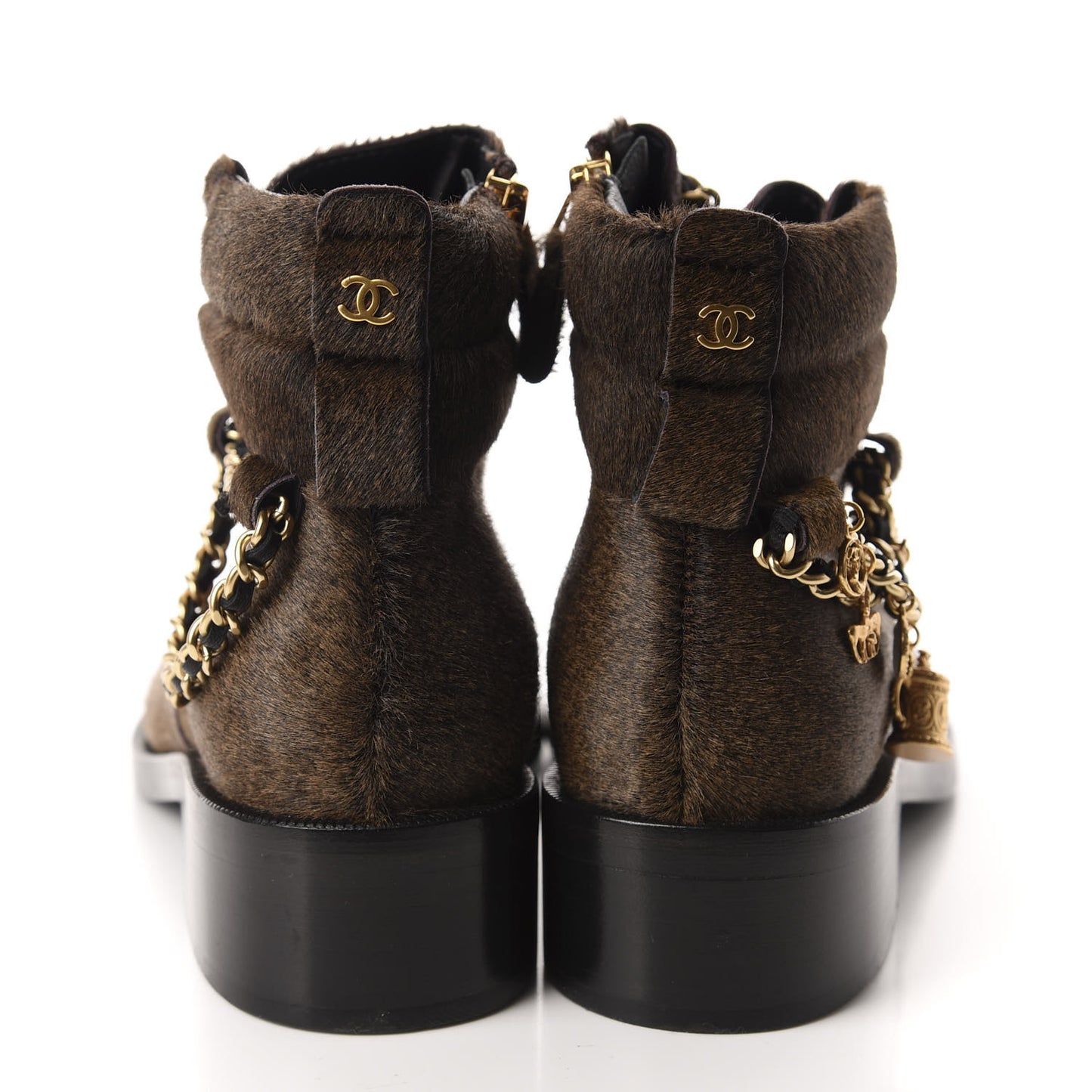 Calfskin Pony Hair CC Charm Chain Cap Toe Short Boots 36.5 Brown Black