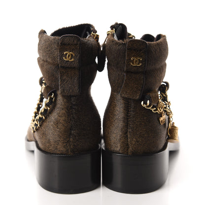 Chanel Calfskin Pony Hair CC Charm Chain Cap Toe Short Boots 36.5 Brown Black 5 of 9