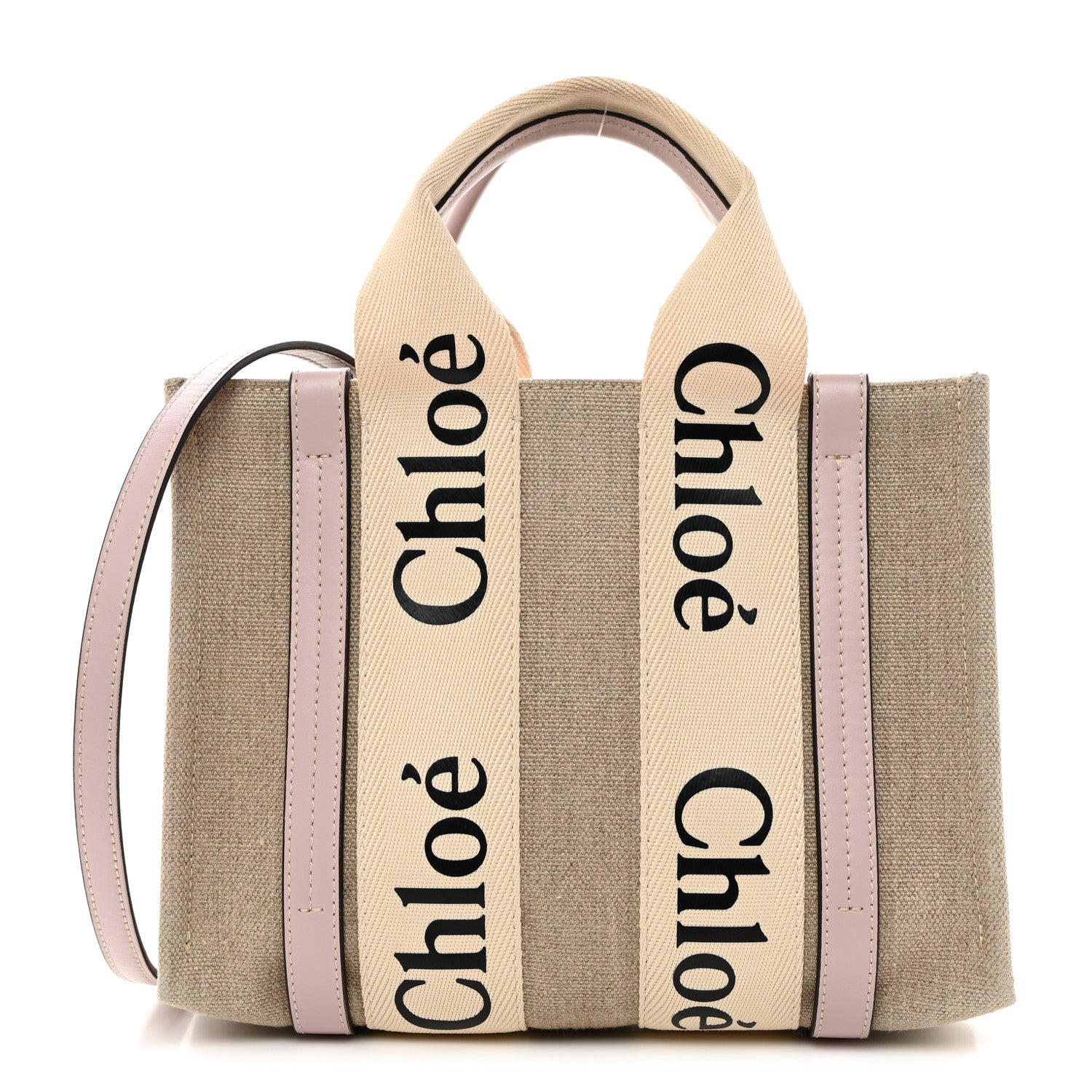 Chloe Linen Calfskin Small Woody Ribbon Tote With Strap White Pink 1 of 10