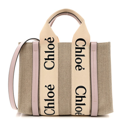 Chloe Linen Calfskin Small Woody Ribbon Tote With Strap White Pink 1 of 10