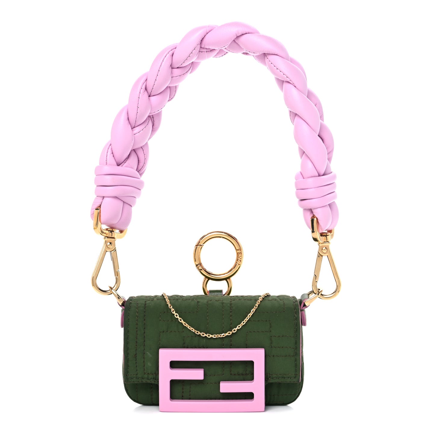 Nylon Nappa FF Stitched Nano Baguette Maxi Handle Charm Green Pink
