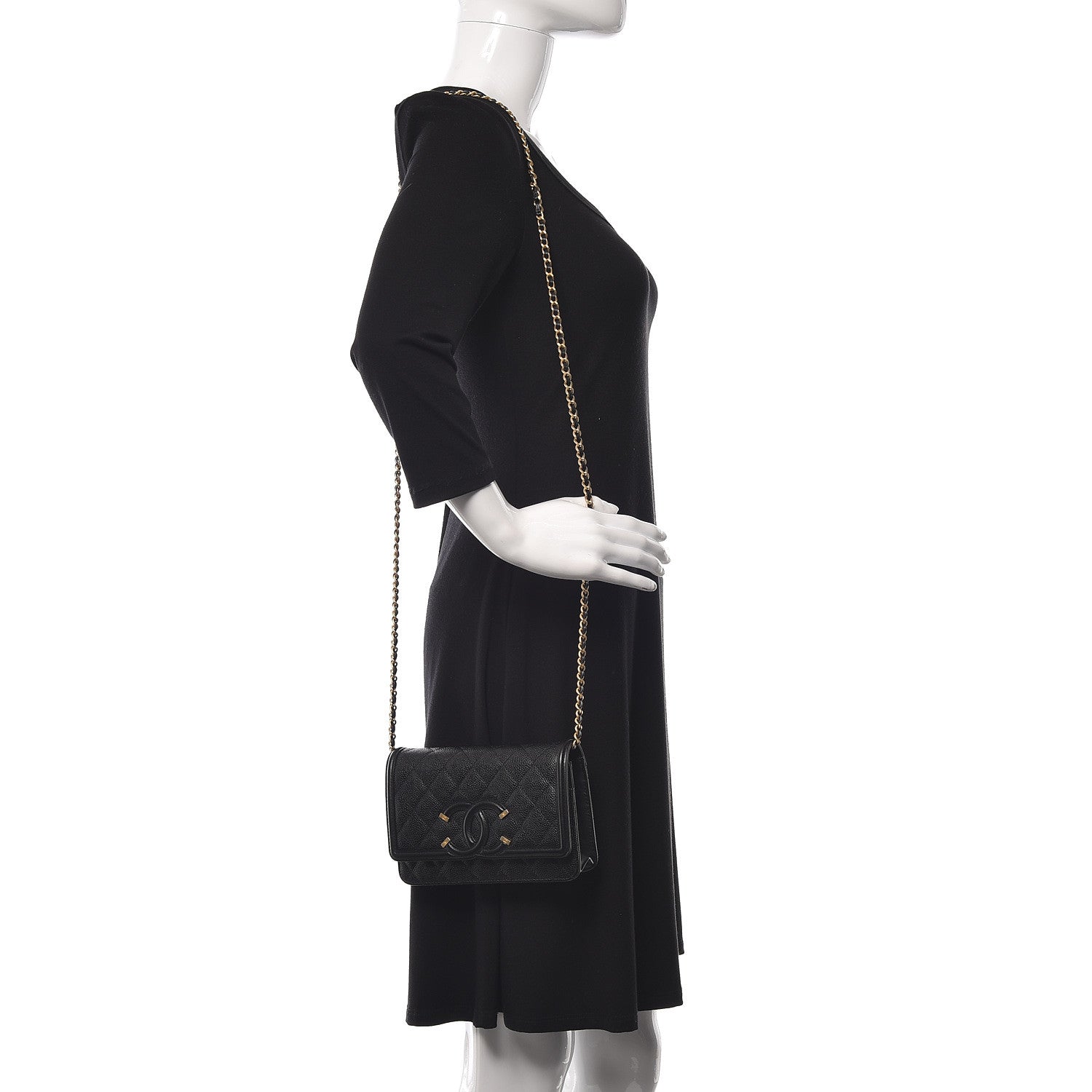 Chanel Caviar Quilted CC Filigree Wallet On Chain WOC Black 2 of 8