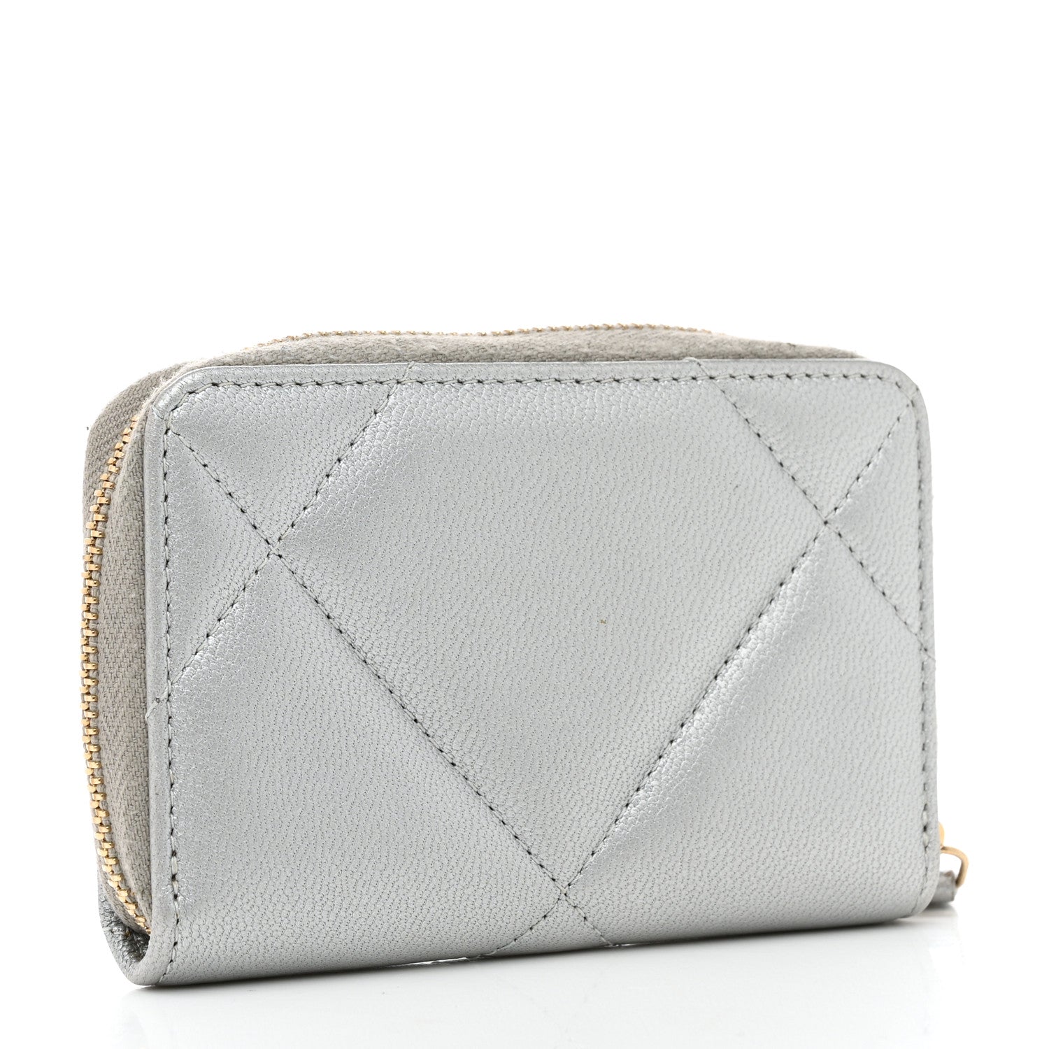 Chanel Metallic Lambskin Quilted 19 Zip Around Coin Purse Wallet Silver 3 of 10
