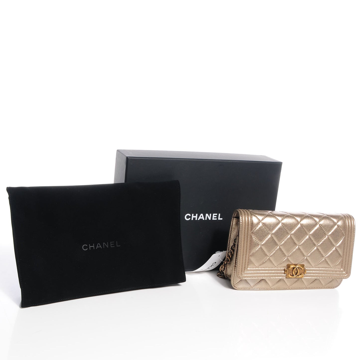 Metallic Lambskin Quilted Boy Wallet On Chain WOC Gold