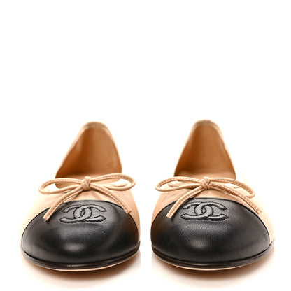 Chanel Lambskin Cap Toe CC Ballerina Flats 38 Beige Black 2 of 9