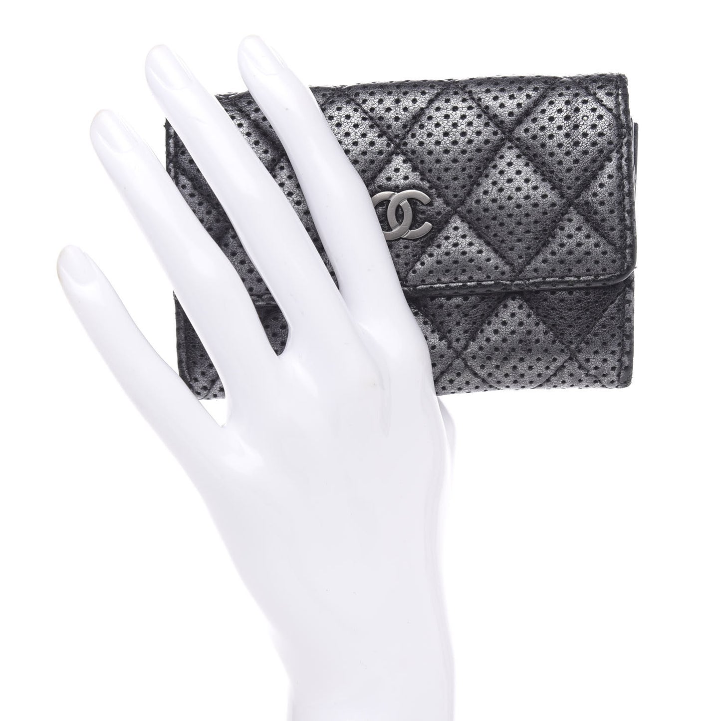 Lambskin Perforated Quilted Card Holder Grey