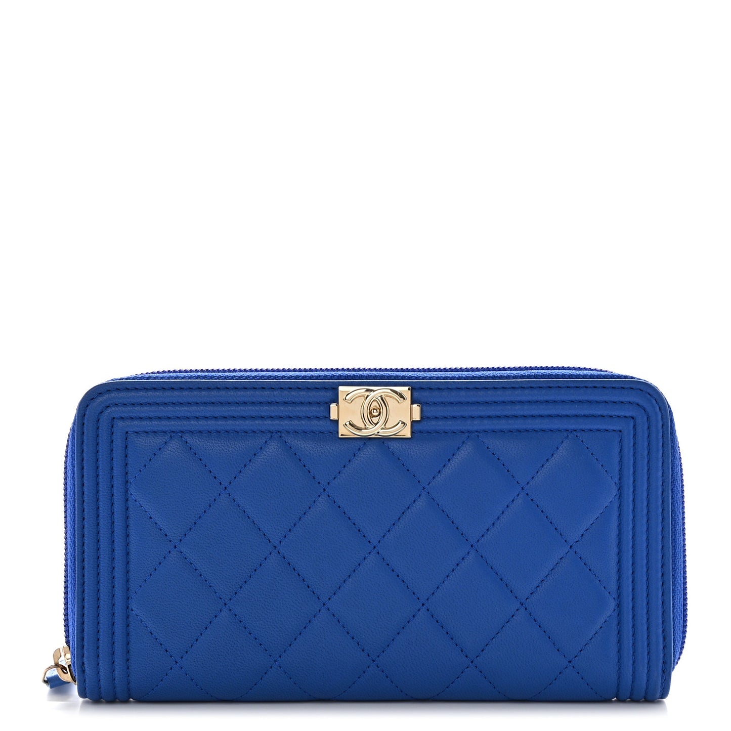 Lambskin Quilted Boy Zip Around Wallet Blue