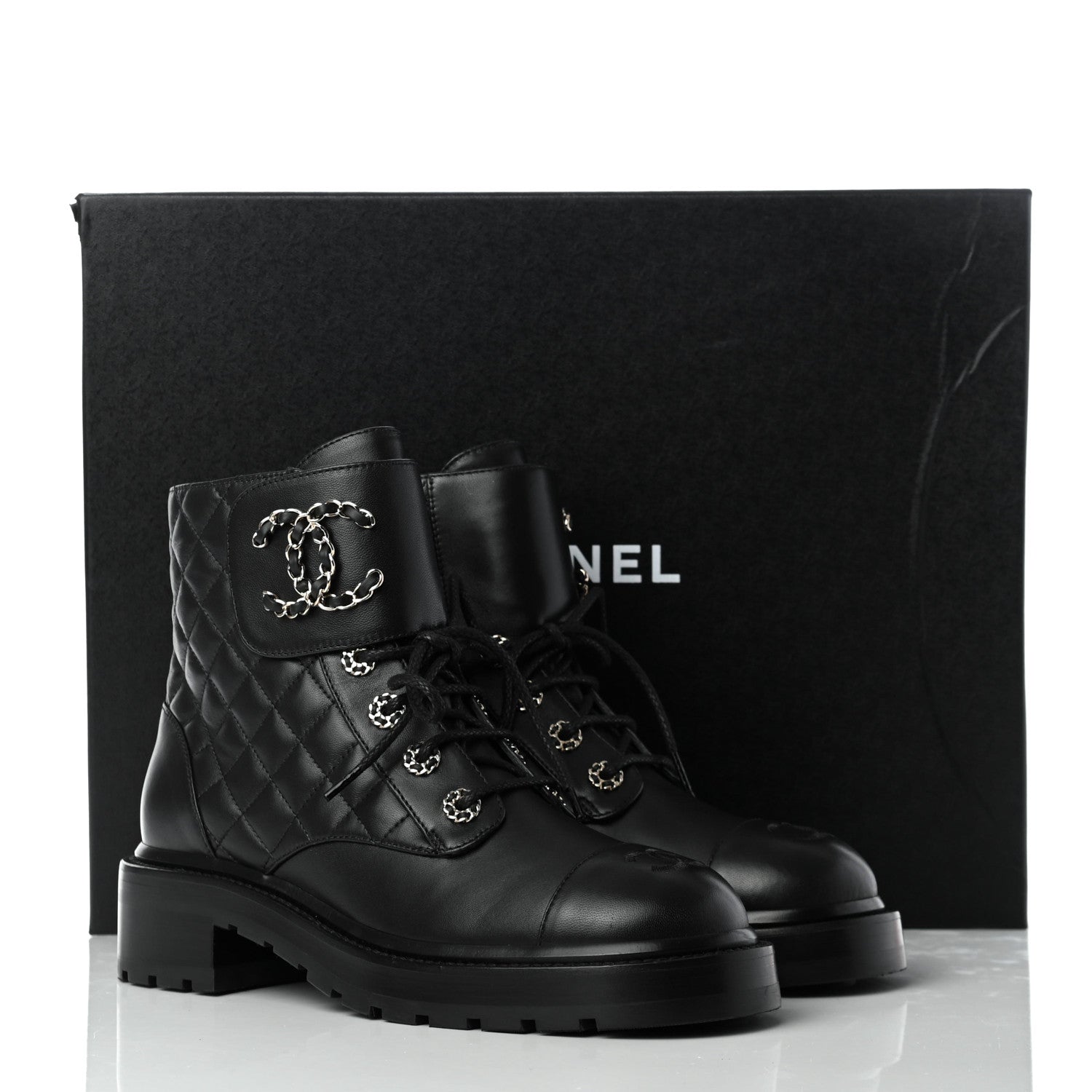 Chanel Shiny Lambskin Quilted Lace Up Combat Boots 38.5 Black 22 of 22