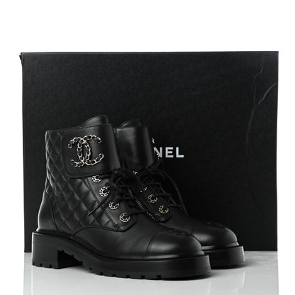Chanel Shiny Lambskin Quilted Lace Up Combat Boots 38.5 Black 22 of 22