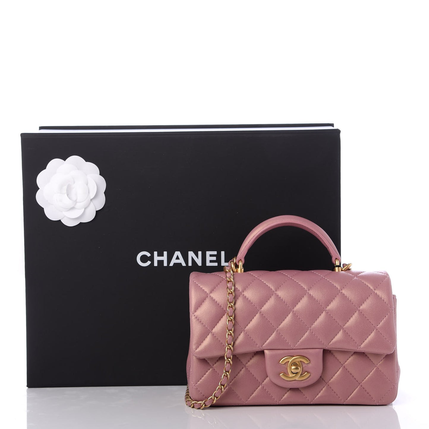 Iridescent Lambskin Quilted Mini Top Handle Rectangular Flap Pink