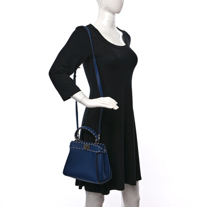Fendi Vitello Granato Camoscio Selleria Macro Stitchings Mini Peekaboo Iconic Satchel Blue Cyan 2 of 8