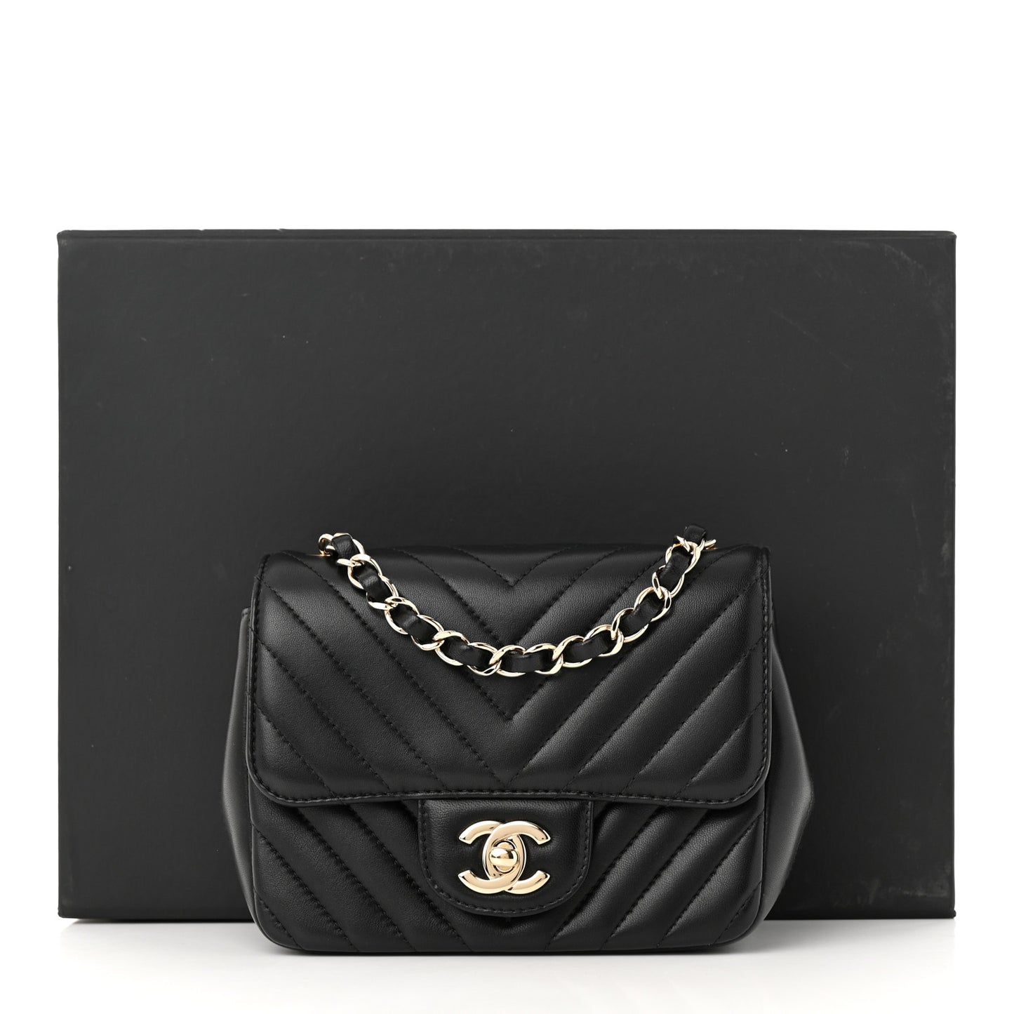 Lambskin Chevron Quilted Mini Square Flap Black