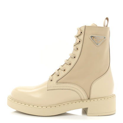 Prada Spazzolato Re-Nylon Metal Triangle Logo Womens 50mm Combat Boots 39.5 Deserto 1 of 8