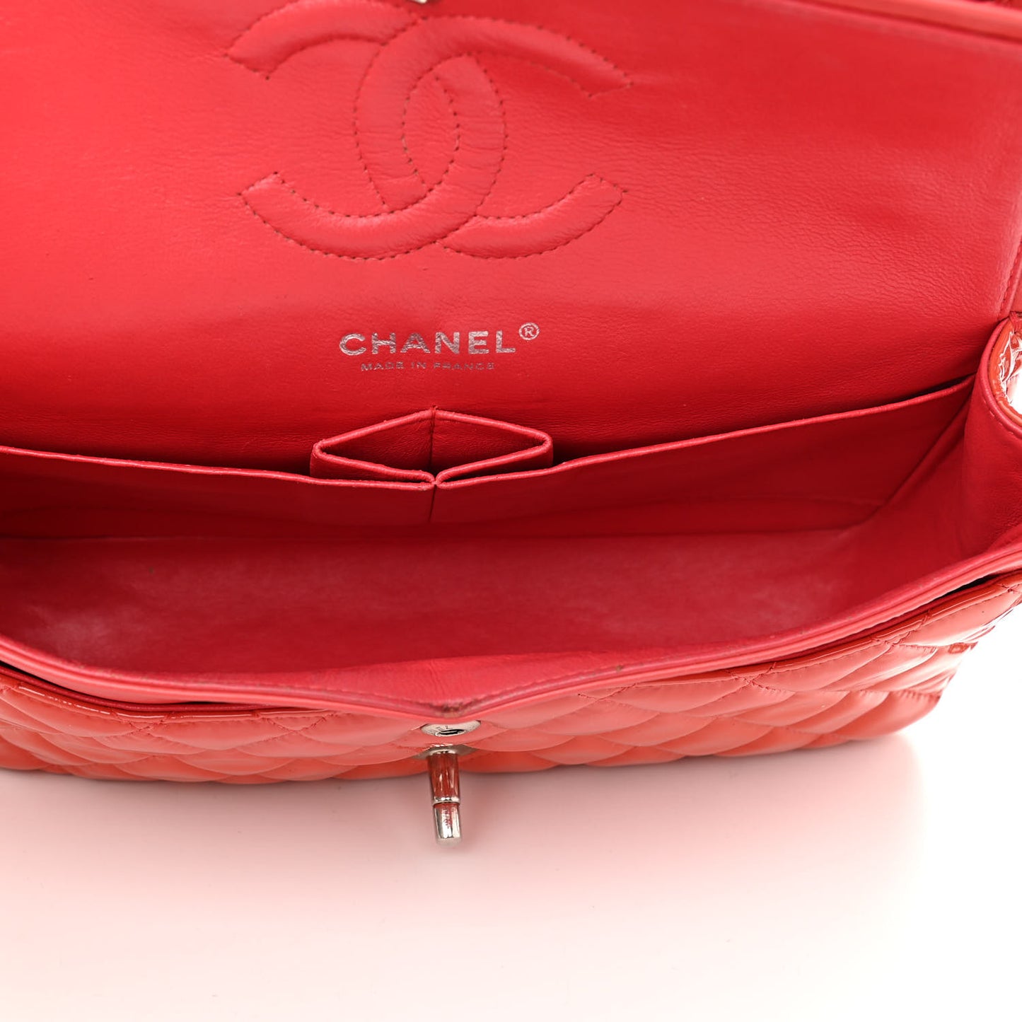 Patent Calfskin Quilted Medium Double Flap Red
