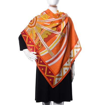 Hermes Cashmere Silk Balade En Berline Shawl 140 Orange Soleil Vert 2 of 4