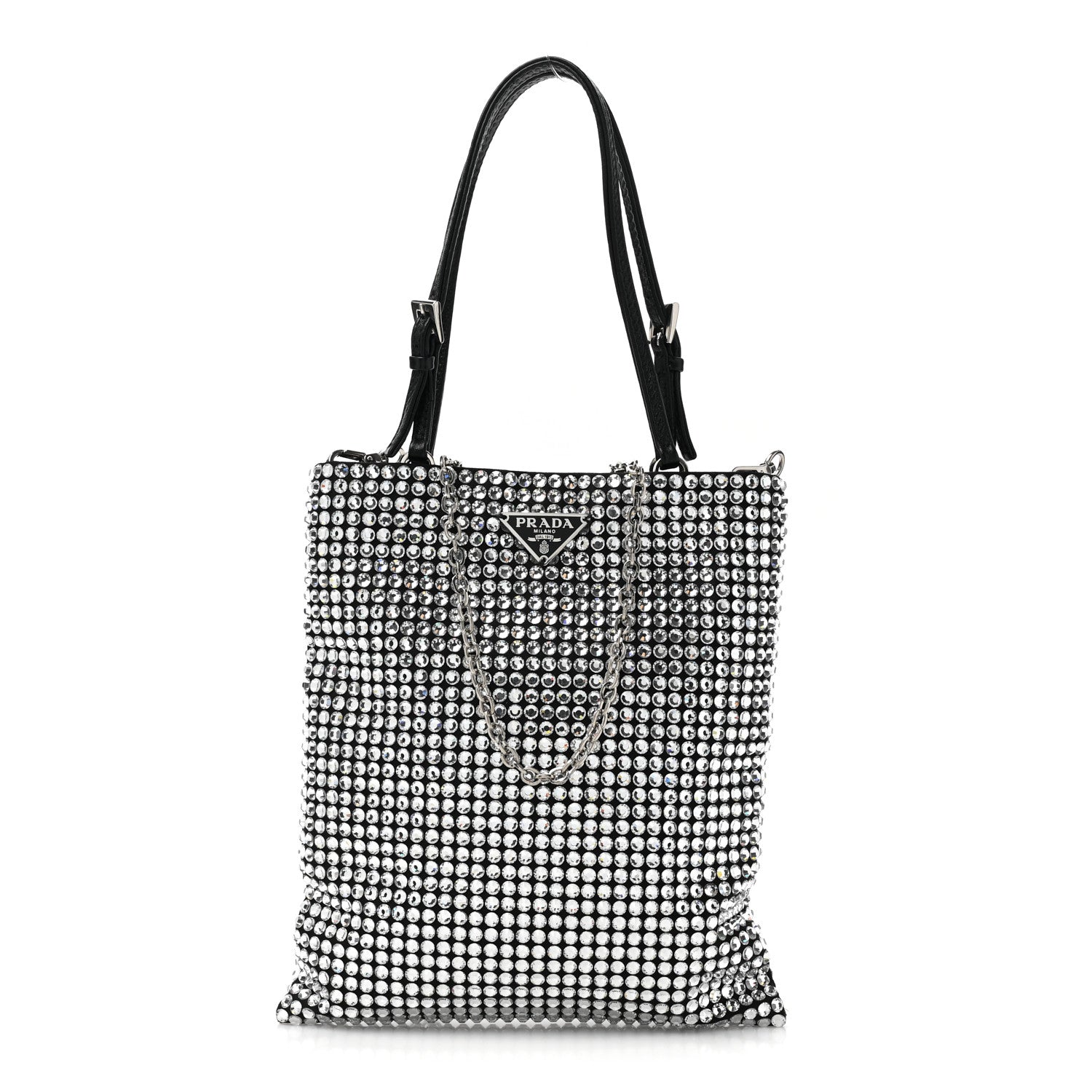 Prada Satin Crystal Metal Triangle Logo Chain Crossbody Handbag Cristal 1 of 9