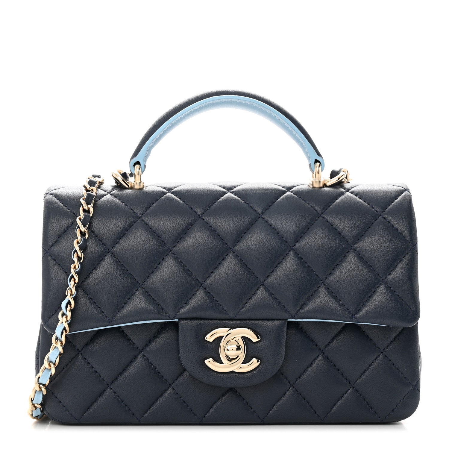 Chanel Lambskin Quilted Bi-Color Mini Top Handle Rectangular Flap Navy Blue Light Blue 1 of 12