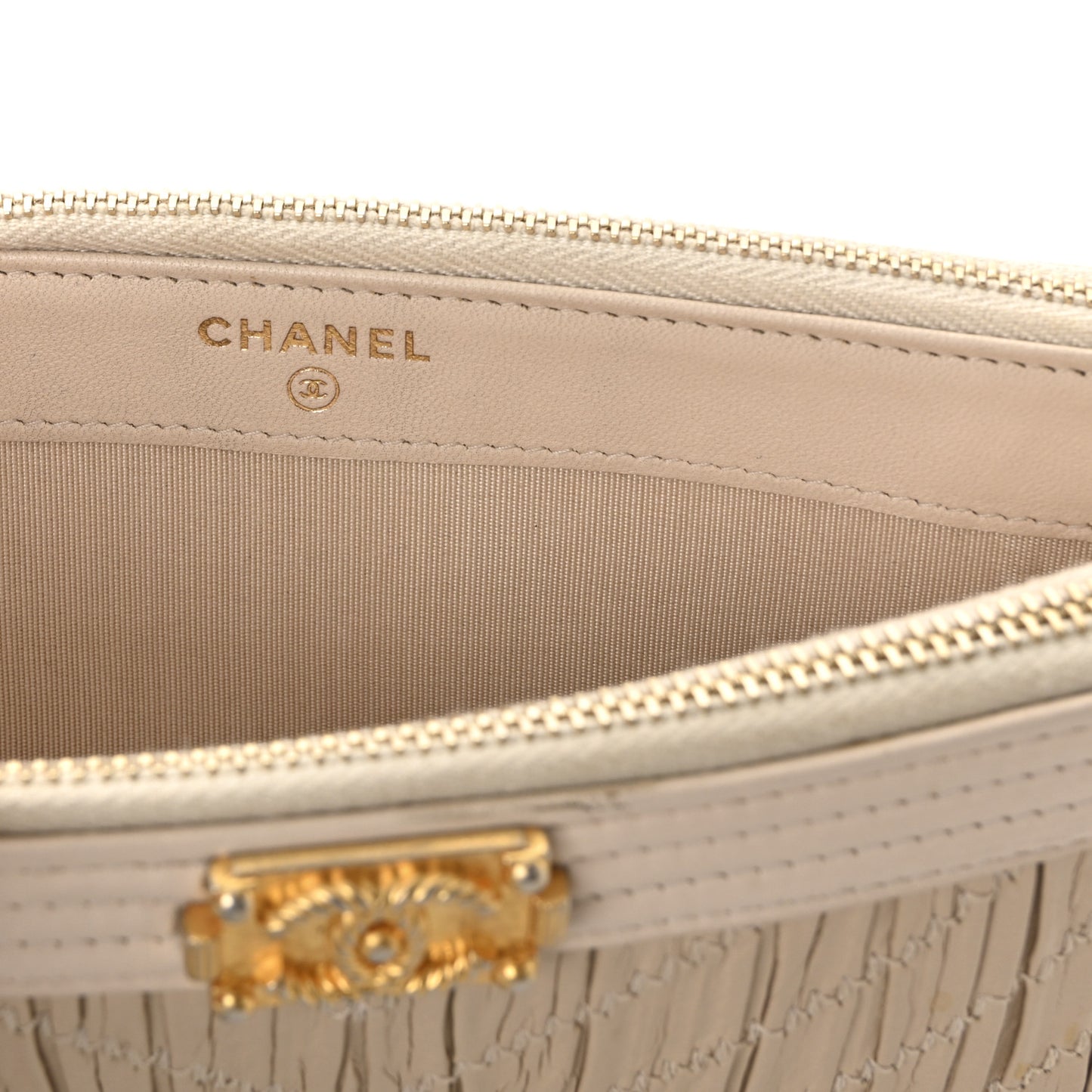 Crumpled Lambskin Chevron Quilted Pleated Small Boy Clutch With Chain Beige
