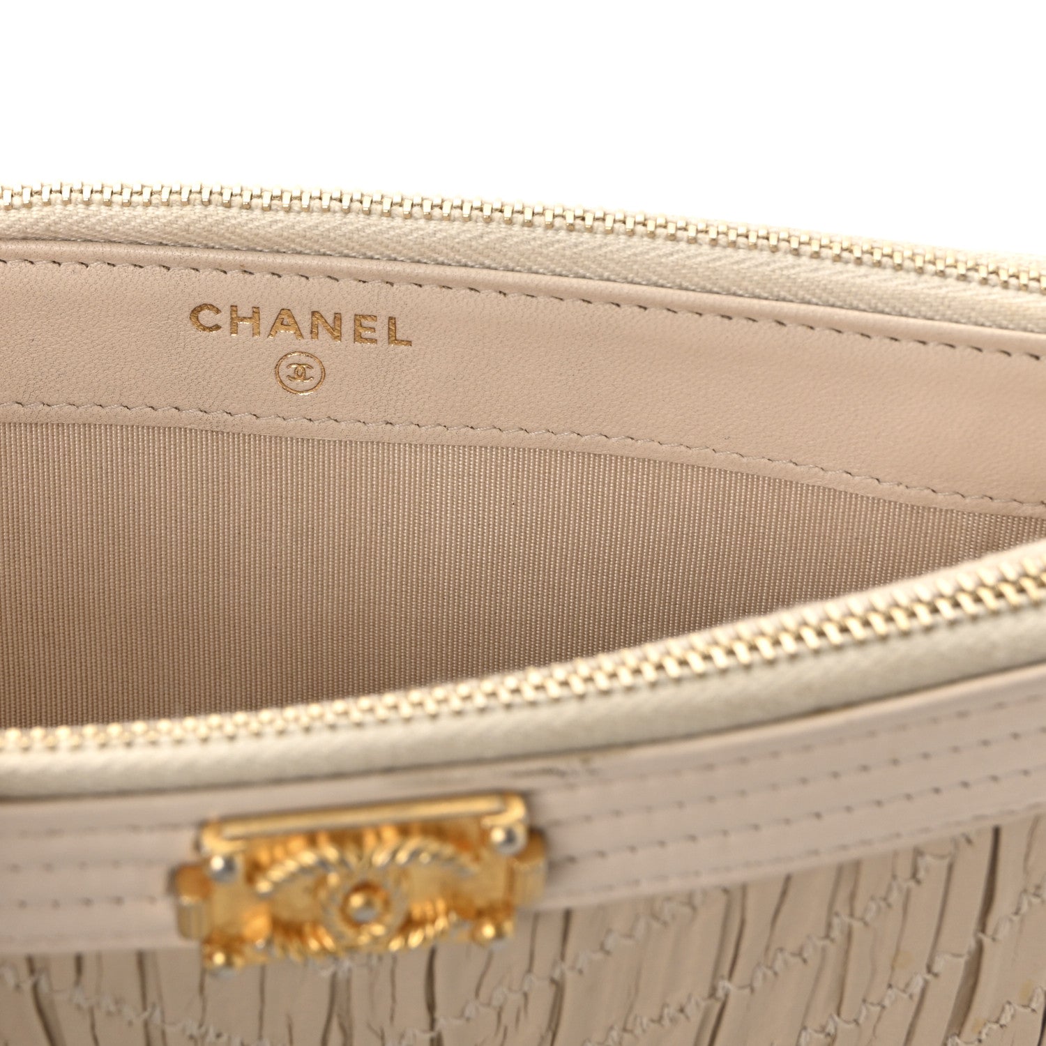 Chanel Crumpled Lambskin Chevron Quilted Pleated Small Boy Clutch With Chain Beige 6 of 10