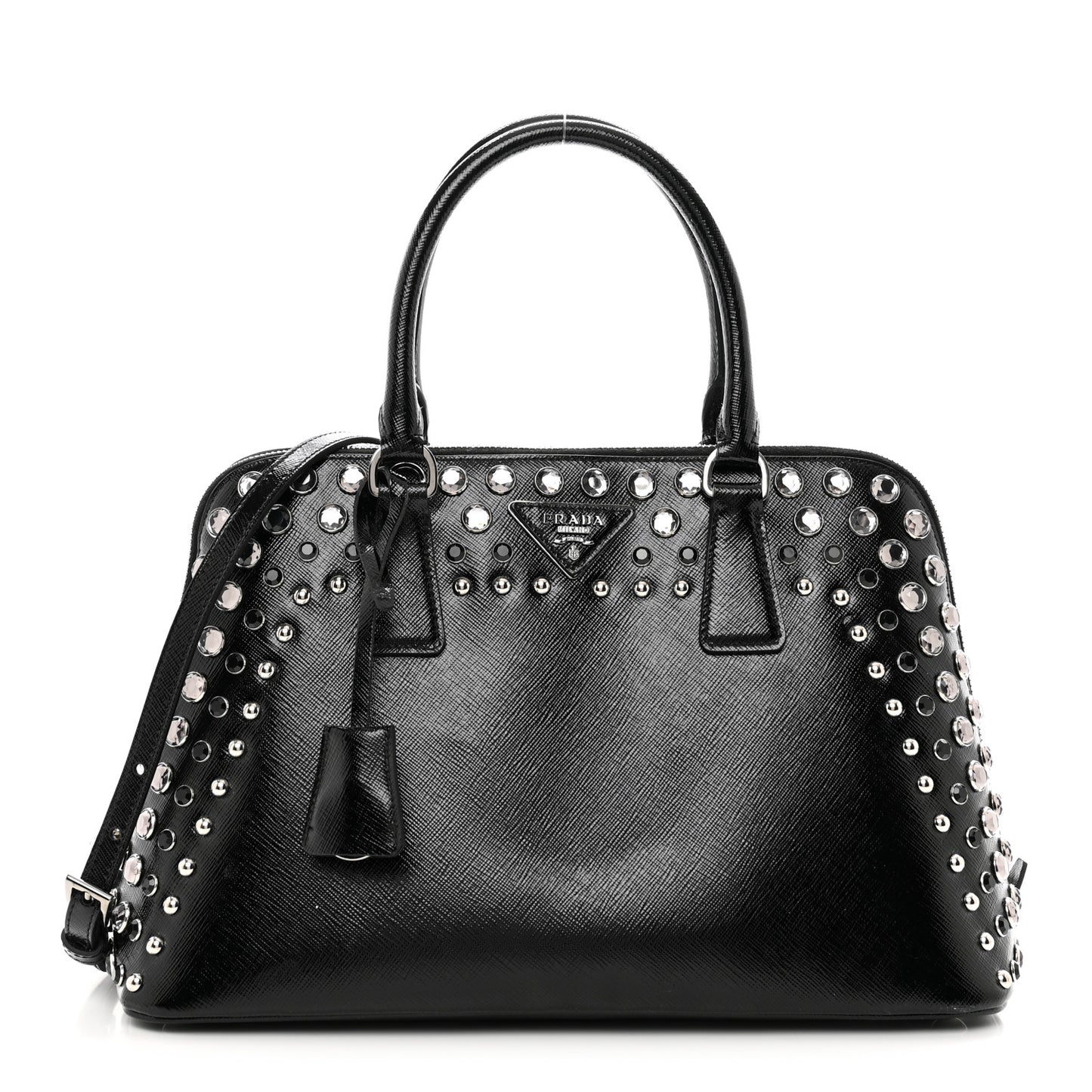 Saffiano Vernice Small Crystal Pyramid Bag Black