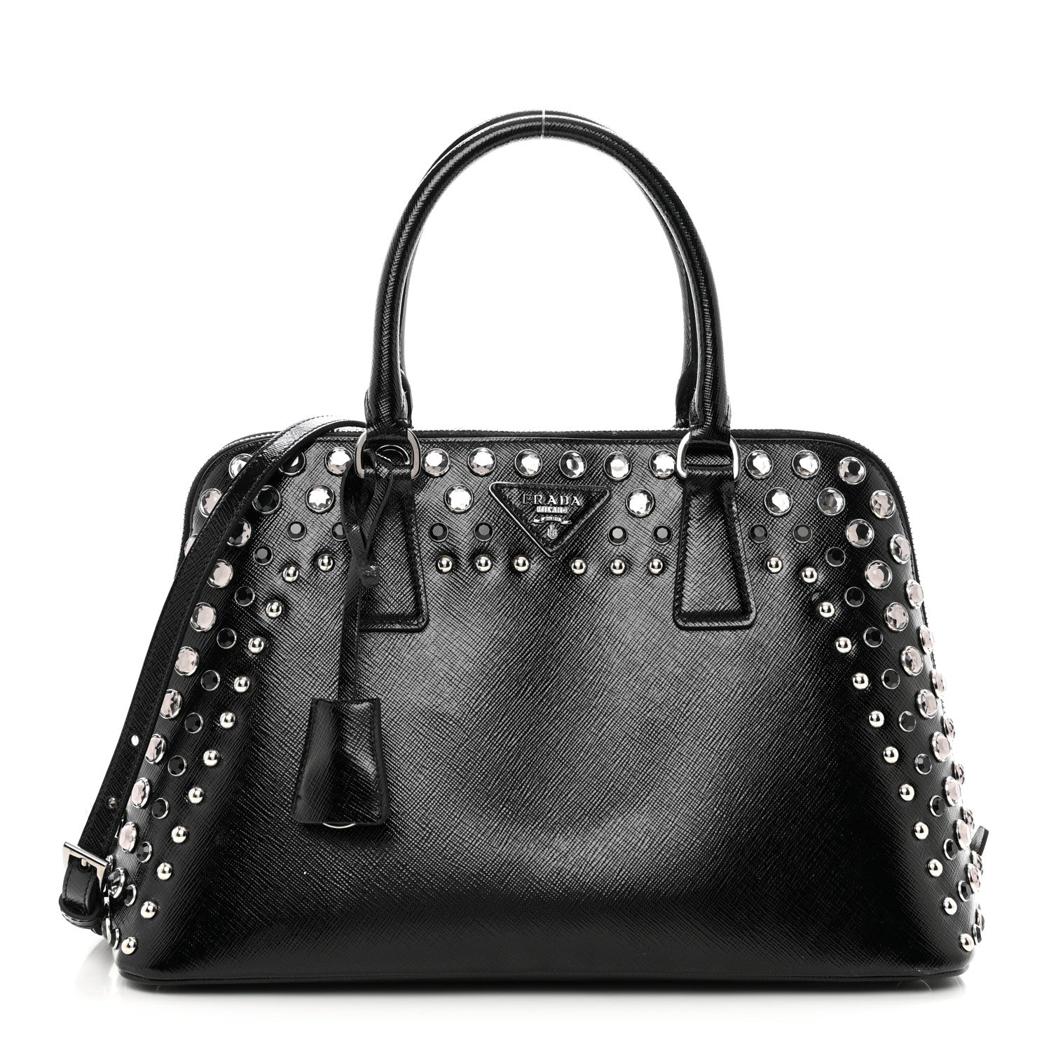Prada Saffiano Vernice Small Crystal Pyramid Bag Black 1 of 9