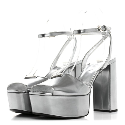 Prada Metallic Calfskin Metal Triangle Logo Ankle Strap 40/115mm Platform Sandals 38 Silver 4 of 11