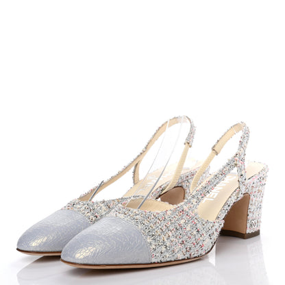 Chanel Tweed Cap Toe CC Slingback Pumps 38.5 Silver Grey 3 of 7