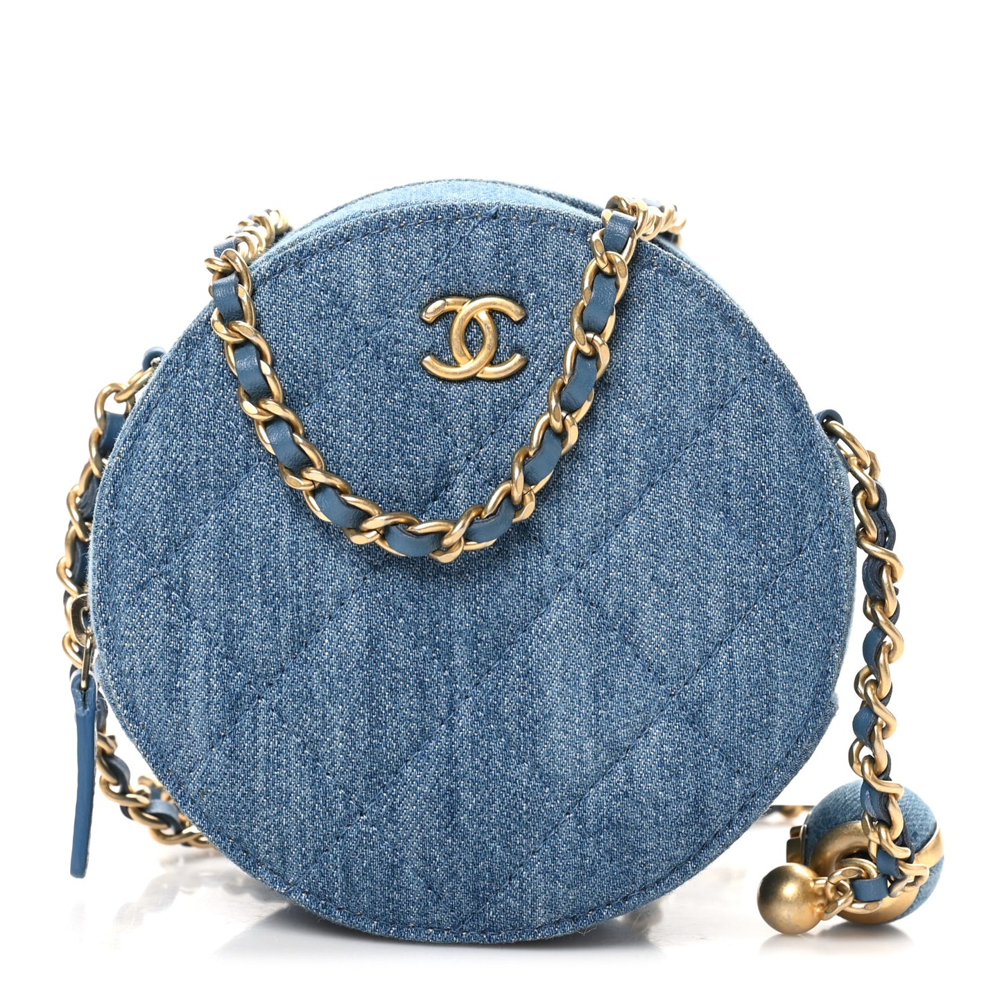 Denim Quilted Round Pearl Crush Clutch With Chain Blue