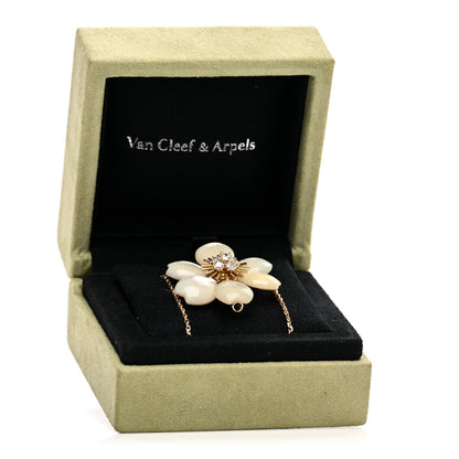 Van Cleef & Arpels 18K Yellow Gold Diamond Mother of Pearl Small Rose De Noel Clip Pendant Necklace 6 of 6