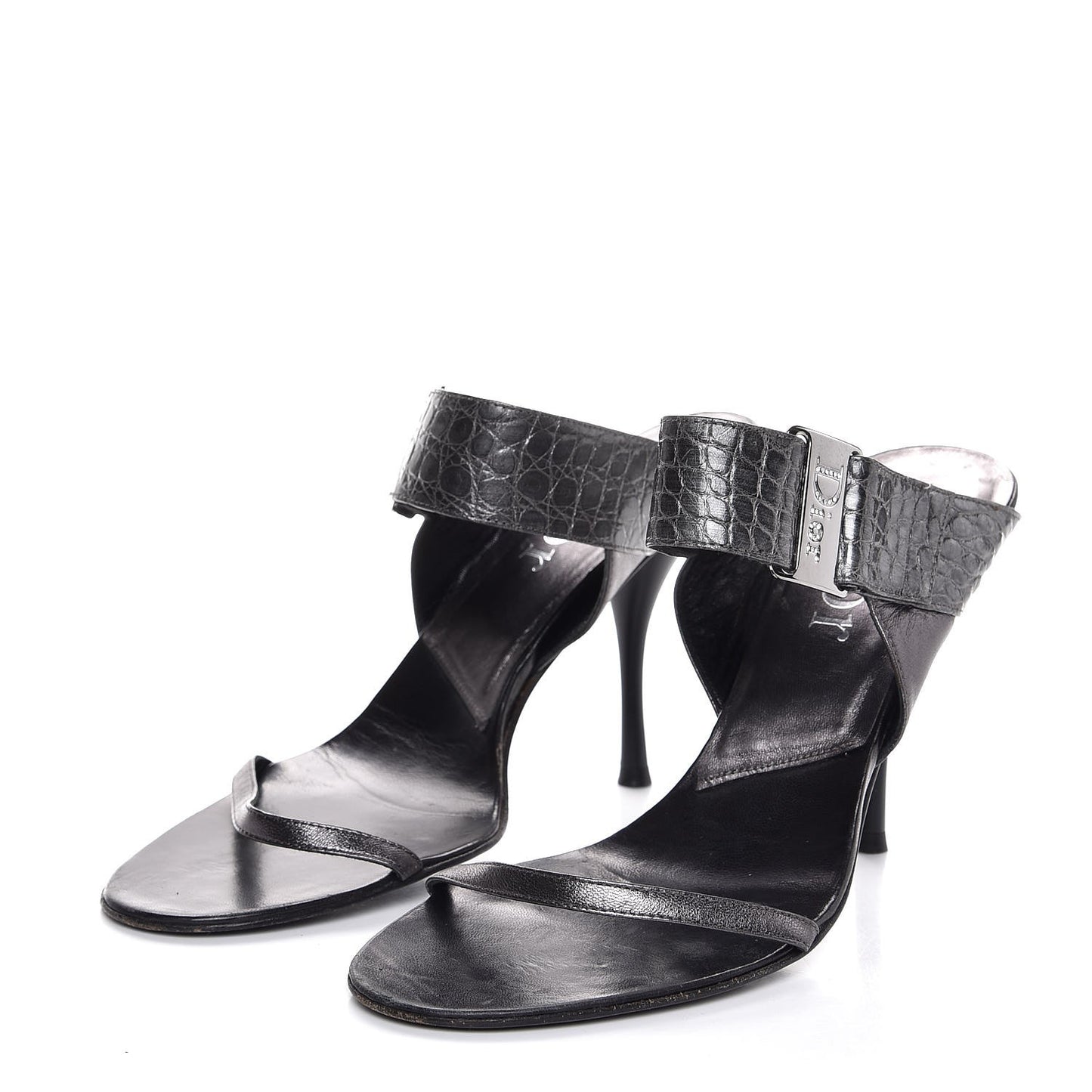 Metallic Lambskin Alligator Mule Sandals 40 Dark Silver