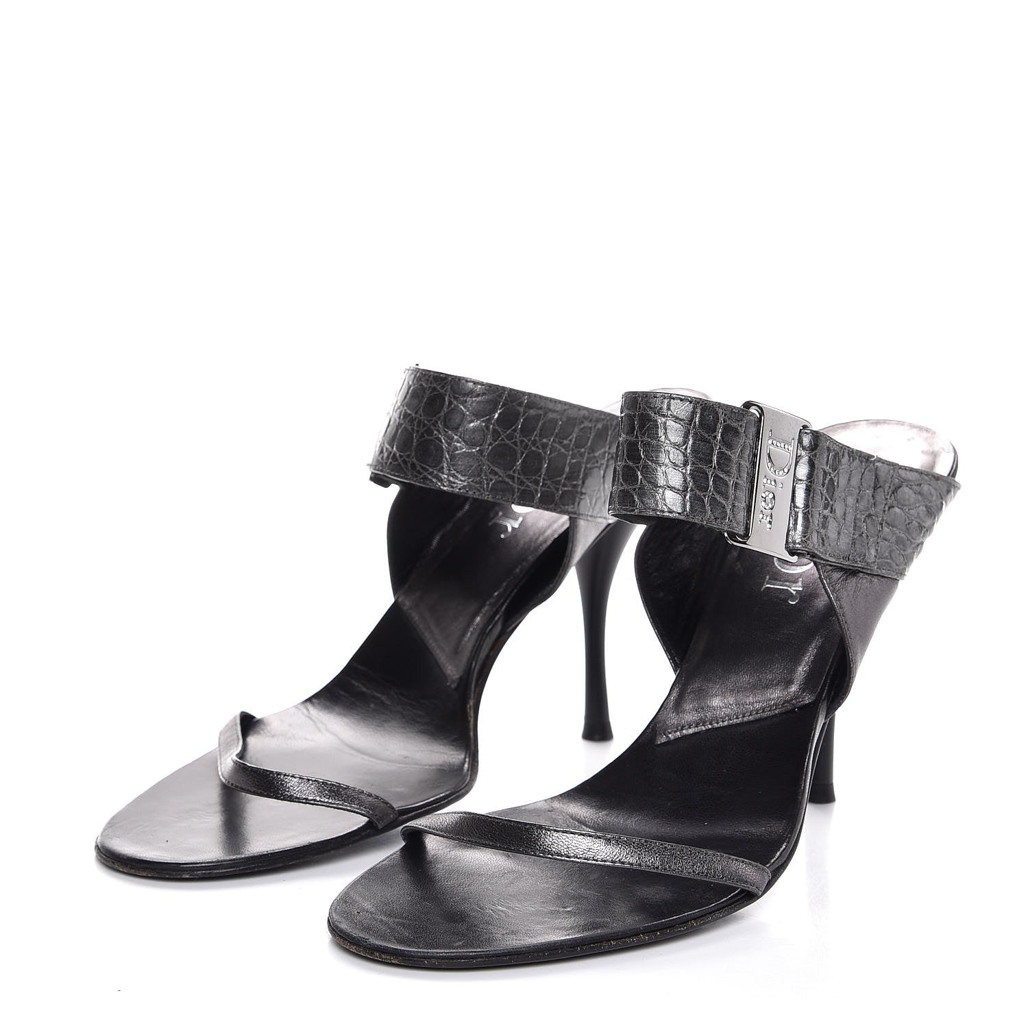 Christian Dior Metallic Lambskin Alligator Mule Sandals 40 Dark Silver 3 of 11