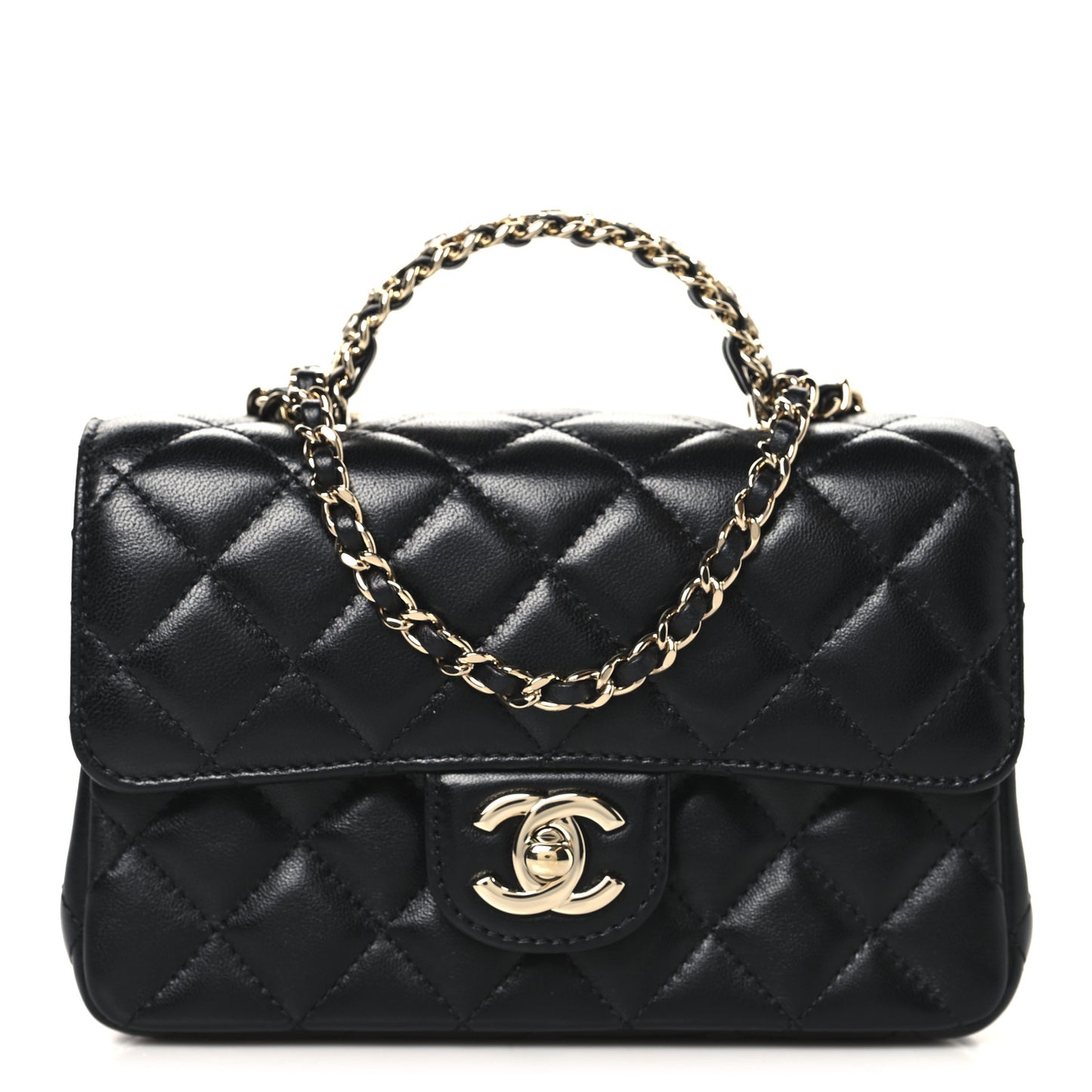 Lambskin Quilted Mini Crystal Top Handle Rectangular Flap Black