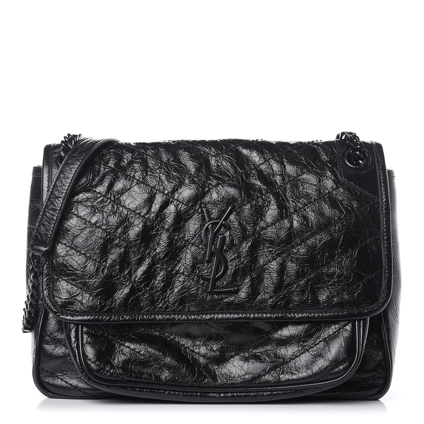 Crinkled Calfskin Matelasse Monogram Medium Niki Chain Satchel Black