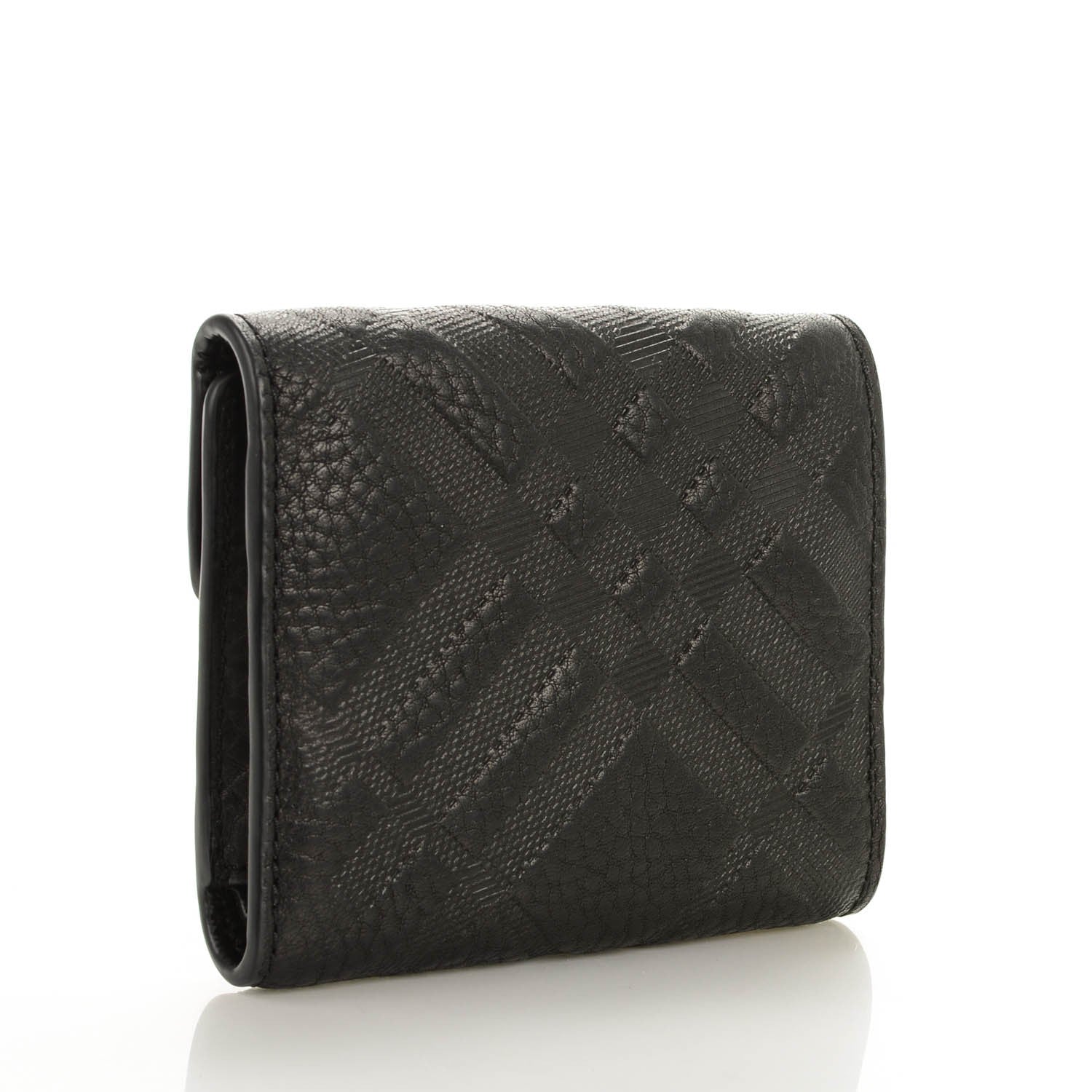 Burberry Signature Grain Calfskin Check Embossed Compact Wallet Black 3 of 8