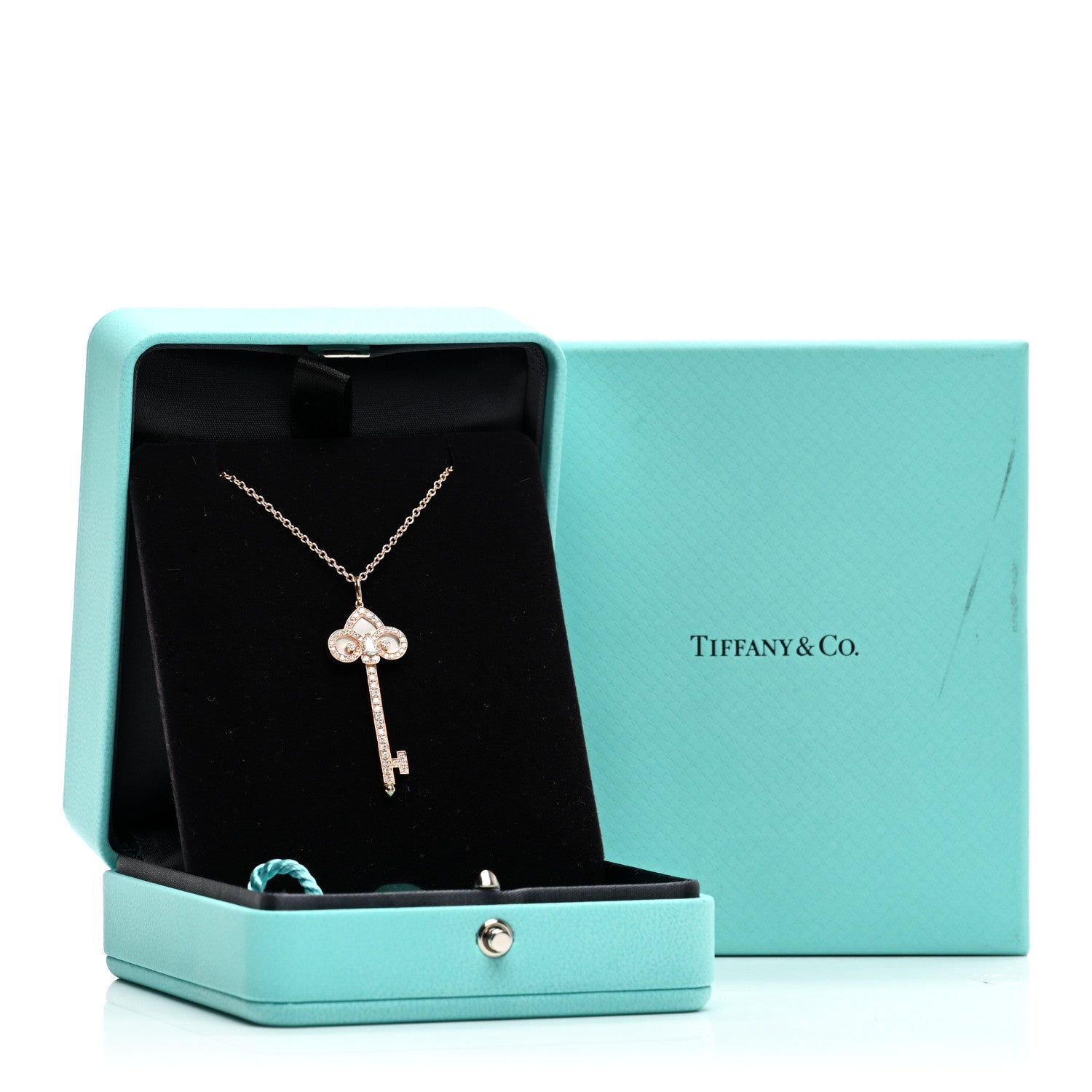 Tiffany 18K Rose Gold Diamond Mother of Pearl Fleur De Lis Key Pendant Necklace 5 of 5