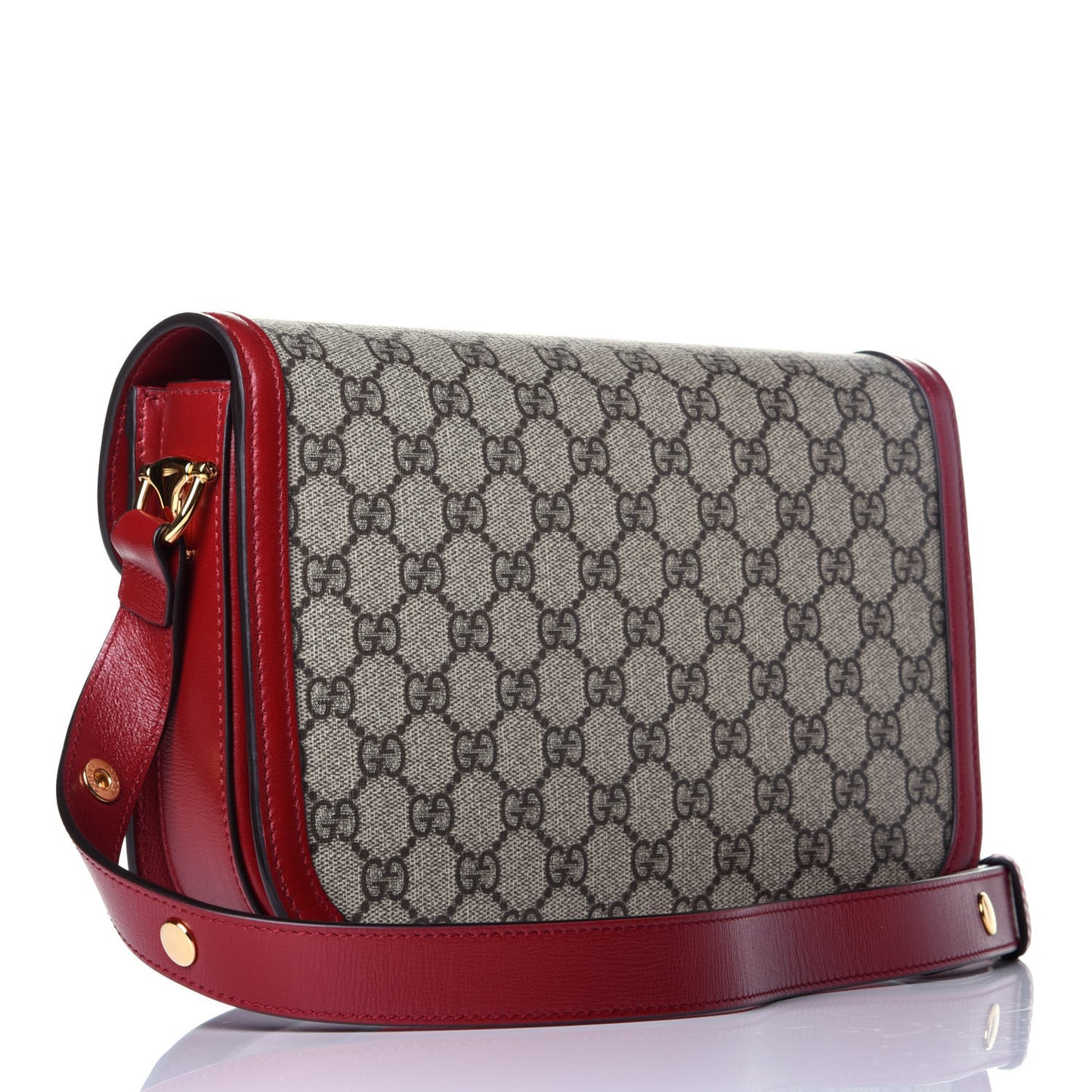 GG Supreme Monogram Azalea Calfskin Horsebit 1955 Shoulder Bag Beige Ebony New Cherry Red